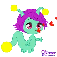 a cartoon drawing of a green worm with purple hair and yellow ears