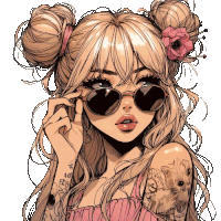 a drawing of a girl with buns and sunglasses has a tattoo on her arm