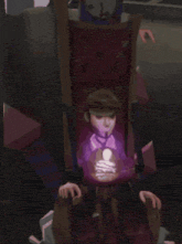 a cartoon character is sitting on a chair with a purple light coming out of his chest .