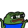 a green frog wearing a blue shirt is making a face .