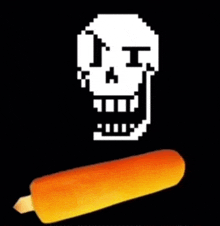 a pixel art of a skull next to a carrot stick