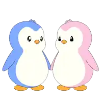 two blue and pink penguins hugging each other