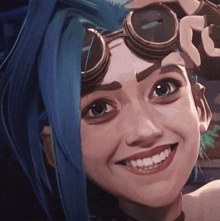 a close up of a cartoon character with blue hair and goggles smiling .
