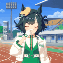 a girl with green hair and a white jacket that says kisei on it