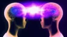 two heads are looking at each other with a light coming out of their brains .