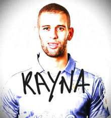 a man in a blue shirt with the name kayna written on it