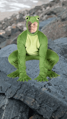 a man in a frog costume is sitting on a rock