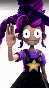 a cartoon character with purple hair and overalls has a yellow star on her overalls