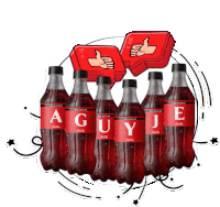 a row of coca cola bottles with a guy written on the label