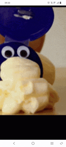 a cell phone screen shows a cookie monster with googly eyes