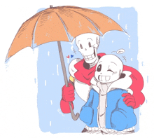 a drawing of two skeletons holding an umbrella