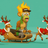 a cartoon monkey wearing a msyc hat is being pulled by reindeer