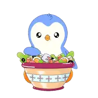 a penguin is eating a salad in a bowl with flowers on it