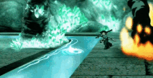 a computer generated image of a person holding a sword in front of a river