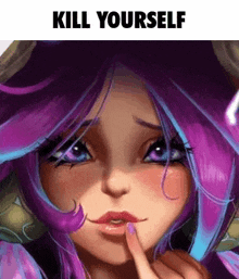 a girl with purple hair and blue eyes is holding her finger to her mouth and says `` kill yourself '' .