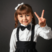 a little girl wearing a bow tie and suspenders gives the peace sign