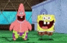 patrick star and spongebob squarepants are standing next to each other on a spongebob squarepants cartoon .