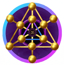 a purple and blue circle with gold spheres and a triangle in the center