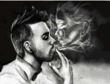 a black and white drawing of a man smoking a cigarette with a reflection of a woman behind him