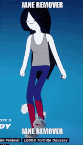 a cartoon character named jane remover is standing on a blue background