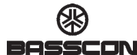 a black and white basscon logo with a circle in the middle