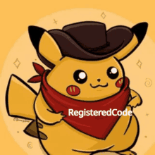 a pikachu wearing a cowboy hat and scarf has a registered code on the bottom right