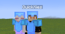 a couple of minecraft characters standing next to each other with the name quickies above them