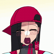 a drawing of a girl wearing a red hat and a tag that says ' a ' on it