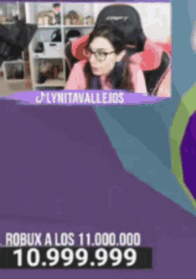 a woman wearing glasses is sitting in a chair with a purple background and the words robux a los 11,000,000 10.999.999