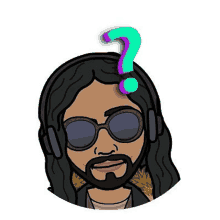 a cartoon of a man with long hair and a beard wearing headphones and sunglasses with a question mark on his head .