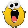 a cartoon illustration of a lemon with big eyes and a mouth open .