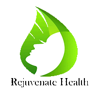 a logo for rejuvenate health shows a woman 's face in a green leaf