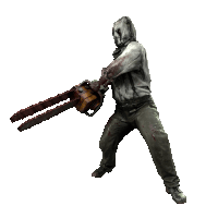 a man in a hooded shirt is holding a chainsaw on a white background