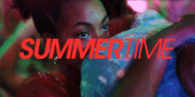 a woman covering her face with a pillow with the words summertime written above her