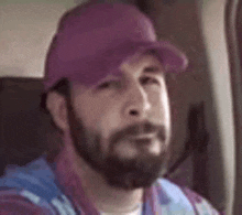 a man with a beard is sitting in a car wearing a purple hat .