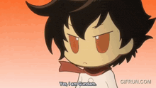 a cartoon character says " yes i am gundam " with a red scarf around his neck