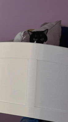 a black and white cat peeking over a white bed frame