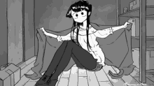 a black and white drawing of a girl sitting on a wooden floor with a blanket