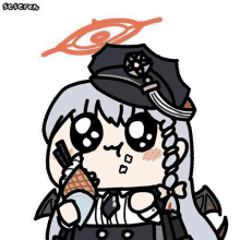 a cartoon girl is eating an ice cream cone while wearing a police hat .