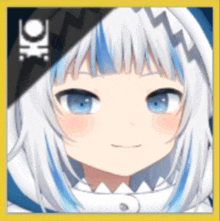 a girl with white hair and blue eyes is smiling