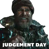 a man with a beard is wearing a hat and a jacket that says judgement day on it