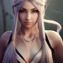 a woman with long white hair is wearing a black bra and necklace