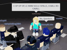 a girl in a blue shirt stands in front of a group of roblox characters including a police officer