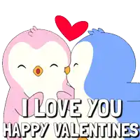 a pink and blue penguin kissing with the words " i love you happy valentines "