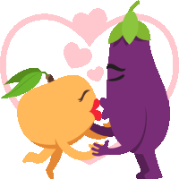 a cartoon illustration of a peach and eggplant kissing in front of a heart