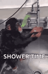 a chimpanzee is taking a shower in a sink with the words shower time written on the bottom .
