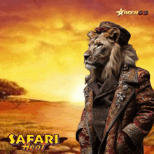 an advertisement for safari heat shows a lion in a coat