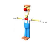 a 3d model of a clown wearing overalls and a bow tie