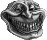 a black and white drawing of a troll face with a big smile on it .