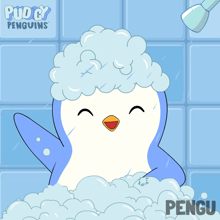 a cartoon of a penguin taking a bath with the words pug y penguins behind it